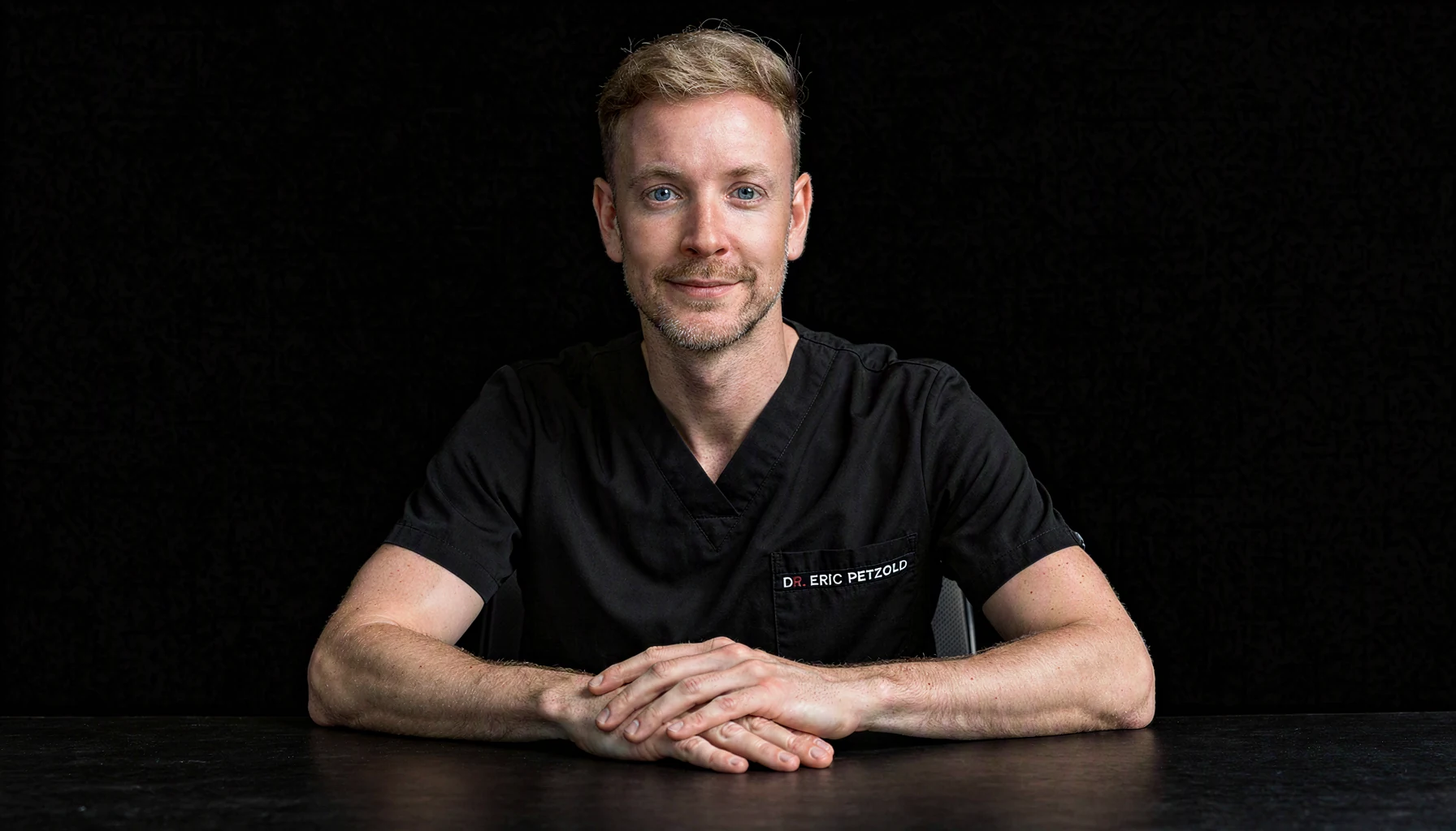 Dr. Eric Petzold im schwarzen Kasack mit Namensstickerei, am Tisch sitzend, vor schwarzem Hintergrund