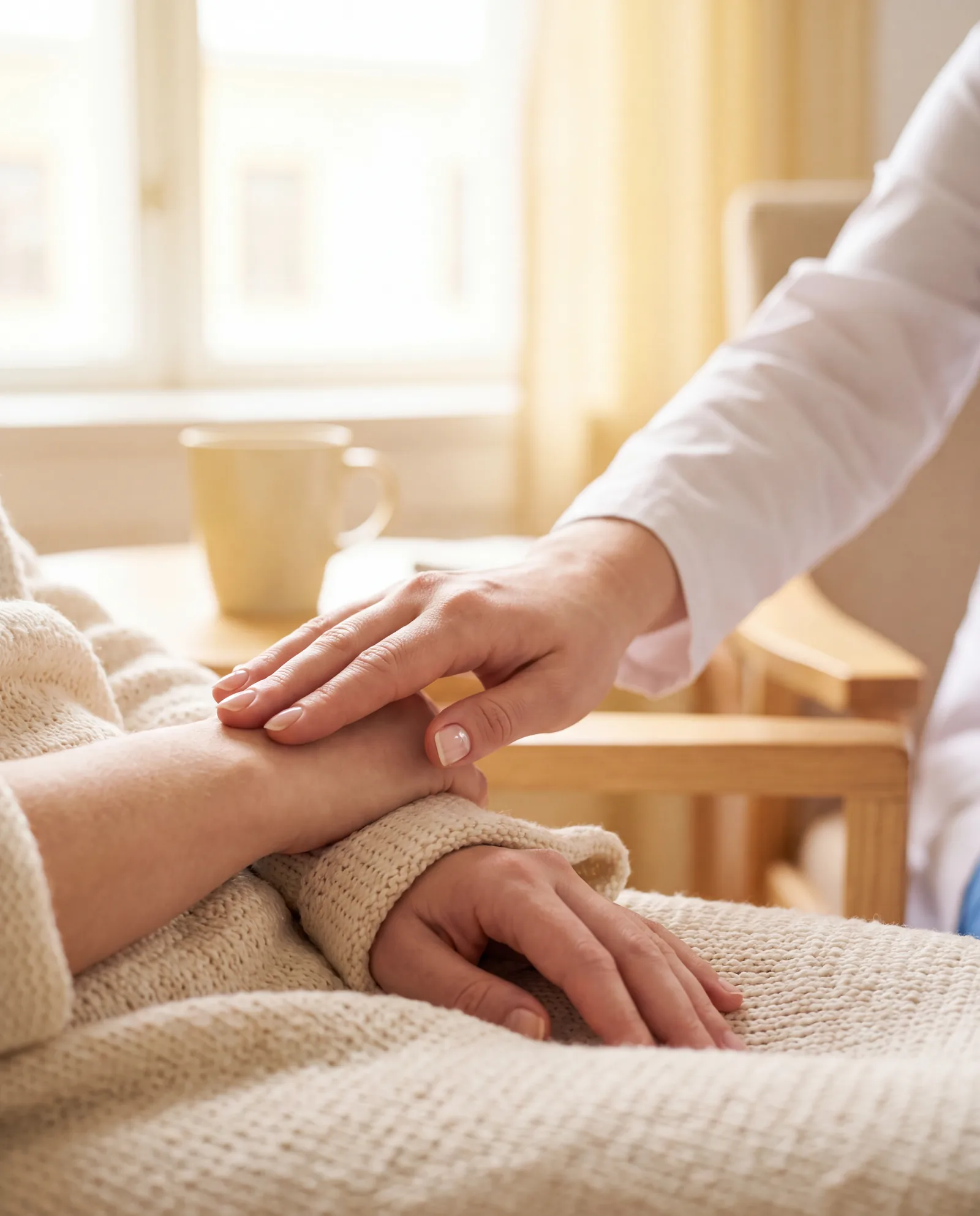 Hand eines Arztes ruhig auf dem Unterarm einer Patientin, illustratives Motiv